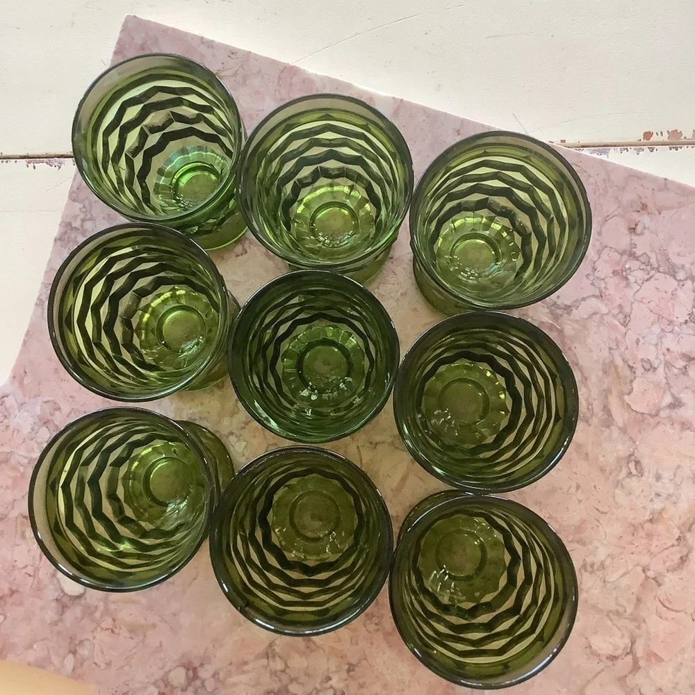 Vintage Green Footed Whitehall Cubist Juice Glasses